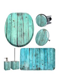 Sanilo, Badaccessoire-Set &raquo;Lumber&laquo; bestehend aus WC-Sitz, Badteppich, St&ouml;psel, Seifenspender, WC-B&uuml;rste, blau, t&uuml;rkis