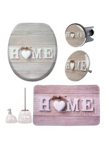 Sanilo, Badaccessoire-Set &raquo;Home&laquo; bestehend aus WC-Sitz, Badteppich, St&ouml;psel, Seifenspender, WC-B&uuml;rste, beige, natur