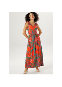 Aniston SELECTED Sommerkleid, mit breiten Tr&auml;gern zum Raffen - NEUE KOLLEKTION bunt 38 N-Gr gr&uuml;n-rot-orange Damenkleid mit gro&szlig;fl&auml;chigem Bl&auml;tterdruck