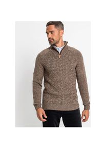 bonprix, Herren, bonprix Strickpullover &raquo;Troyer-Pullover mit Wolle&laquo; aus Wollmischung, mit Stehkragen, Regular Fit, mit Zopfmuster, braun meliert, 44/