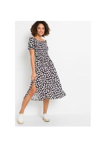 bonprix, Unisex, bonprix Midikleid f&uuml;r warme Tage, aus Viskose, ausgestellte Passform, mit Smok-Detail, dunkelblau gebl&uuml;mt, 44, N-Gr, Midikleid mit 