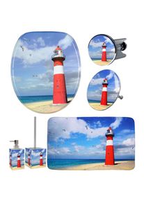 Sanilo, Badaccessoire-Set &raquo;Leuchtturm&laquo; WC-Sitz, Badteppich, St&ouml;psel, Seifenspender und WC-B&uuml;rste, blau, rot