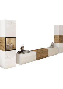 P & B Wohnwand , Weiss, Eiche Wotan , Holzwerkstoff , 3-teilig , 8 F&auml;cher , kaltweiss , 240x130x31 cm , FSC , stehend, h&auml;ngend, Beleuchtung, spiegelbildliche Montage m&ouml;glich , Wohnzimmer, Wohnw&auml;nde, Komplette Wohnw&auml;nde