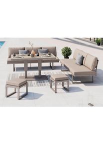 Ambia Garden Dining-Loungeset , Hellgrau, Beige , Metall, Glas, Textil , 5-teilig , F&uuml;llung: Schaumstoff,Polyester , Gartenm&ouml;bel, Gartengarnituren, Gartenm&ouml;bel-Sets