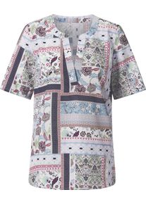 Damen Kurzarmbluse in Patchwork-Optik ecru-flieder-bedruckt