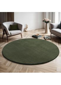 the carpet, the carpet &raquo;Relax round&laquo; rund 16 mm H&ouml;he waschbarer Wohnzimmer Teppich modern rutschfest, d&uuml;nkelgr&uuml;n, Polyester, 16 mm
