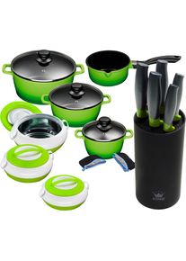 King Topf-Set, Aluminiumguss, (Set, 13 tlg., 4 T&ouml;pfe, 3 Deckel, 1 Messerblock, 5 Kochmesser, 3 Isolierbeh&auml;lter), Induktion gr&uuml;n