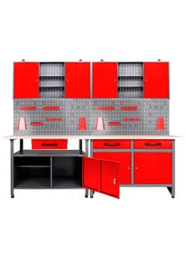 ONDIS24 Werkstatt-Set, (Set), 2x Werkbank, 2x Werstattschrank, 2x Lochwand rot anthrazit/rot