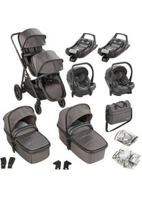 BABYGO Zwillings-Kombikinderwagen &raquo;Duo Ultra Set, grau&laquo;, inkl. 2 Babyschalen, 2 Isofix Base, Wickeltasche u. 2 Regenhauben grau