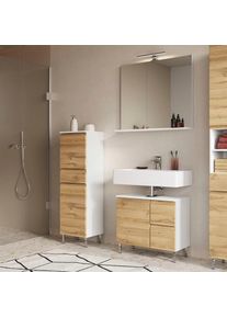 Germania Badm&ouml;bel-Set &raquo;Torrance&laquo;, (3 St.), bestehend aus Unterschrank, Spiegel mit Beleuchtung und Schrank wei&szlig; Wei&szlig;/Grandson-Eiche-Nachbildung