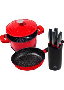 King Topf-Set &raquo;Shine Grey&laquo;, Aluminiumguss, (Set, 8 tlg.), Induktion, (Schmortopf, Pfanne, Messerblock) rot