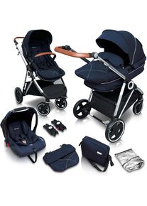 BABYGO Kombi-Kinderwagen &raquo;Halime 3in1, Blue Silver&laquo;, inklusive Babywanne, Babyschale, Regenhaube & Wickeltasche blau