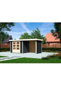 Karibu Gartenhaus &raquo;Askola 3&laquo;, anthrazit, mit Anbaudach, Seiten- und R&uuml;ckwand grau anthrazit