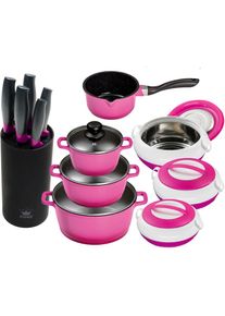 King Topf-Set, Aluminiumguss, (Set, 11 tlg., 4 T&ouml;pfe, 3 Deckel, 1 Messerblock, 5 Kochmesser, 3 Thermobeh&auml;lter), Induktion lila violett