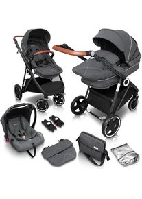 BABYGO Kombi-Kinderwagen &raquo;Halime 3in1, Grey Black&laquo;, inklusive Babywanne, Babyschale, Regenhaube & Wickeltasche grau