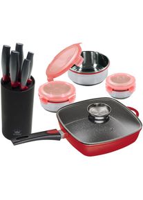 King Pfannen-Set &raquo;Square&laquo;, Aluminiumguss, (Set, 10 tlg.), Eckpfanne, Messerblock, 5 Kochmesser, 3tlg. Dosen-Set, Induktion rot