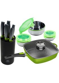 King Pfannen-Set &raquo;Square&laquo;, Aluminiumguss, (Set, 10 tlg.), Eckpfanne, Messerblock, 5 Kochmesser, 3tlg. Dosen-Set, Induktion gr&uuml;n