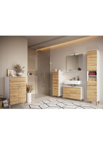 Germania Badm&ouml;bel-Set &raquo;Torrance&laquo;, (4 St.), Unterschrank, Spiegel mit Beleuchtung, Kommode und Hochschrank wei&szlig; Wei&szlig;/Grandson-Eiche-Nachbildung