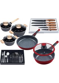 King Pfannen-Set &raquo;Moonscape&laquo;, Aluminiumguss, (Set, 11 tlg.), Induktion, (T&ouml;pfe+Glasdeckel, Pfannen+Deckel, Messer, Besteckset) rot