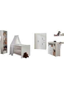 BMG M&Ouml;BEL Babyzimmer-Komplettset &raquo;Lea&laquo;, (Set, 5 St., Bett, Wickelkommode, Schrank, Standregal, Wandboard), Bett + Wickelkommode + 4-trg. Schrank +...