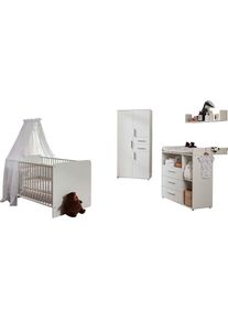 BMG M&Ouml;BEL Babyzimmer-Komplettset &raquo;Lea&laquo;, (Set, 4 St., Bett, Wickelkommode, Schrank, Wandboard), Bett + Wickelkommode + 3-trg. Schrank + Wandboard wei&szlig;