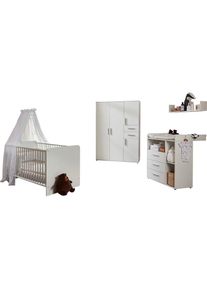 BMG M&Ouml;BEL Babyzimmer-Komplettset &raquo;Lea&laquo;, (Set, 4 St., Bett, Wickelkommode, Schrank, Wandboard), Bett + Wickelkommode + 4-trg. Schrank + Wandboard wei&szlig;
