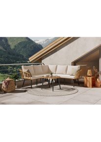 Ambia Garden Loungegarnitur , Naturfarben, Beige , Metall, Kunststoff, Glas, Textil , 4-teilig , F&uuml;llung: Schaumstoff,Polyester , Eckteil , 187x67 cm , Gartenm&ouml;bel, Loungem&ouml;bel, Gartenlounge-Sets