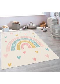 Paco Home, Kinderteppich &raquo;Nino 887&laquo; rechteckig 13 mm H&ouml;he Kurzflor, Spielteppich, Motiv Regenbogen & Herzen, Kinderzimmer, creme, Polypropylen, 13 mm