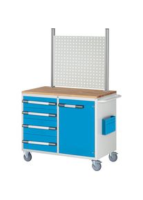 Kompaktwerkbank, fahrbar, 4 Schubladen, 1 T&uuml;r, HxB 1675 x 1145 mm, mit Lochwand eurokraft pro