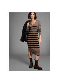 Laura Scott, Unisex, Strickkleid Ohne Taschen in Midi-L&auml;nge mit Streifen und V-Neck - NEUE KOLLEKTION, taupe, schwarz, gestreift, 38, N-Gr, 