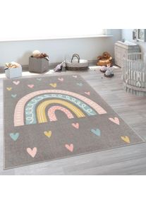 Paco Home, Kinderteppich &raquo;Nino 887&laquo; rechteckig 13 mm H&ouml;he Kurzflor, Spielteppich, Motiv Regenbogen & Herzen, Kinderzimmer, grau, Polypropylen, 13 mm