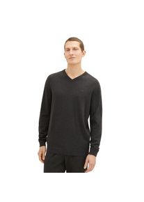 Tom Tailor, Herren, Tom Tailor V-Ausschnitt-Pullover mit kleiner Logo-Stickerei, schwarz grau melange, XL, Pullover von Tom Tailor