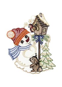 W. Reuter & Sohn - Plauener Spitze, Fensterbild &raquo;S&uuml;sser Schneemann&laquo; Made in Germany, braun, gr&uuml;n, rot, Polyester