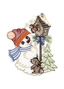 W. Reuter & Sohn - Plauener Spitze, Fensterbild &raquo;S&uuml;sser Schneemann&laquo; Made in Germany, braun, gr&uuml;n, rot, Polyester