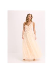 bonprix, Unisex, bonprix Maxikleid f&uuml;r festliche Anl&auml;sse, aus T&uuml;ll mit floraler Applikation, Maxi-L&auml;nge, champagner, 40, N-Gr, &Auml;rmellos f&uuml;r ein 