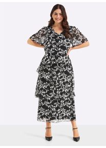 sheego Witt Damen Chiffonkleid mit drapierten Volants, schwarz-wei&szlig;-gemustert, Gr&ouml;&szlig;e 56, 100% Polyester