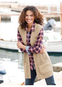 WITT Damen Strickweste in Longform, gerippt, sand, Gr&ouml;&szlig;e 50, 100% Baumwolle