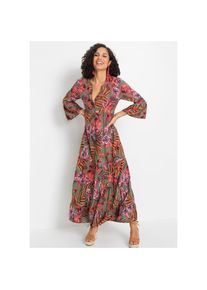 bonprix, Unisex, bonprix Maxikleid f&uuml;r Fr&uuml;hling und Sommer, aus Viskose, A-Linien-Passform, oliv, rot gebl&uuml;mt, 46, N-Gr, Angenehmes Tragegef&uuml;hl durch 