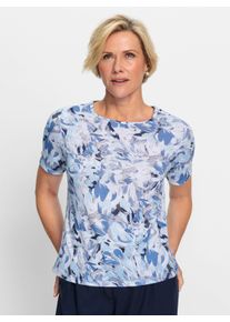 WITT Damen Rundhalsshirt mit Druck-Dessin, mittelblau-wei&szlig;-bedruckt, Gr&ouml;&szlig;e 50, 92% Polyester, 8% Elasthan