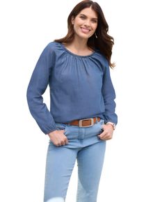 Damen Jeansbluse mit Gummizug am Ausschnitt blue-stone-washed