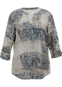 Damen Druckbluse mit kurzer Knopfleiste beige-dunkelblau-bedruckt