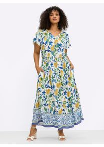 sheego by Joe Browns Witt Damen Maxikleid mit breitem Smokbund, wei&szlig;-sonnengelb-gemustert, Gr&ouml;&szlig;e 56, 100% Viskose