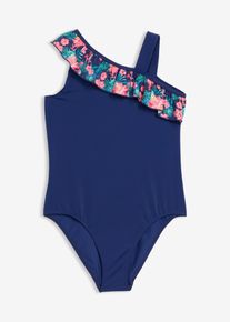 Maillot 1 pi&egrave;ce &agrave; encolure asym&eacute;trique et volant en bleu pour filles, Taille 176/182, Couleur/Motif: bleu nuit/rose hibiscus floral, bonprix