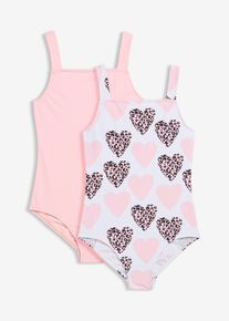 Lot de 2 maillots 1 pi&egrave;ce en blanc pour filles, Taille 152/158, Couleur/Motif: blanc imprim&eacute; + rose poudr&eacute;, bonprix
