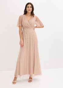 Abendkleid aus zartem T&uuml;ll mit Paillettenstickerei in beige, Gr&ouml;sse 40, bonprix