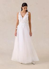 Robe de mari&eacute;e en tulle avec fleurs appliqu&eacute;es en blanc, Taille 38, Couleur/Motif: &eacute;cru, bonprix