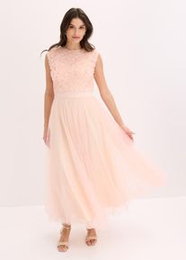 Robe de soir&eacute;e en tulle d&eacute;licat avec d&eacute;tails fleurs en rose, Taille 38, Couleur/Motif: rose nacr&eacute;/beige nacr&eacute;, bonprix