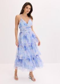 Robe midi en tulle fin &agrave; volants en bleu, Taille 34, Couleur/Motif: bleu clair floral, bonprix