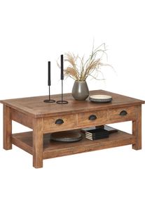 Ambia Home Couchtisch , Braun , Metall , Mangoholz , massiv , 3 Schublade(n) Schubladen , rechteckig , eckig , 70x45x115 cm , einfacher Aufbau , Wohnzimmer, Wohnzimmertische, Couchtische, Couchtische eckig