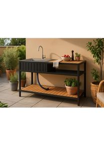 Ambia Garden Outdoor-K&uuml;che , Anthrazit, Teakfarben , Metall , einzeln stellbar , 127x95x50 cm , Gartenm&ouml;bel, Outdoor-K&uuml;chen